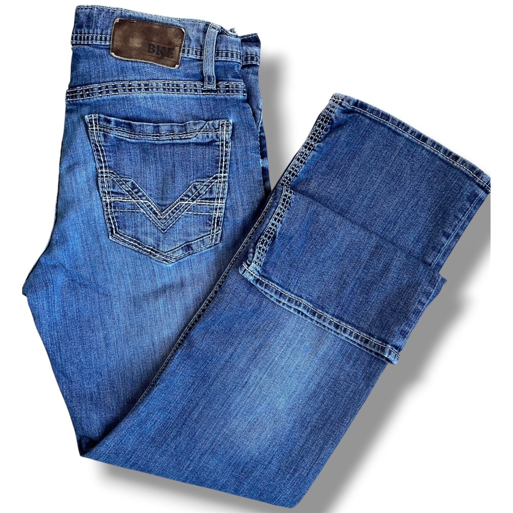 BKE Jake Bootleg Men's Jeans 32S Medium Wash Denim Blue Bootcut Contrast Stitch